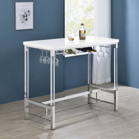 Norcrest Acrylic Leg Bar Table – White High Gloss Finish, Silver Trestle Base, Built-In Wine & Stemware Racks, Compact Modern Design for Entertaining