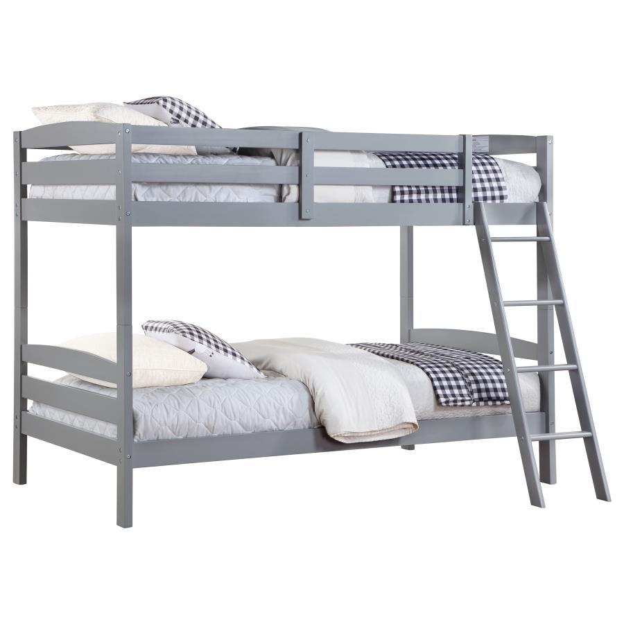 Rhea Wood Twin Over Twin Bunk Bed with Safety Rails, Ladder, Slatted Headboards, Modern Gray Finish, Durable Kids and Guest Room Furniture