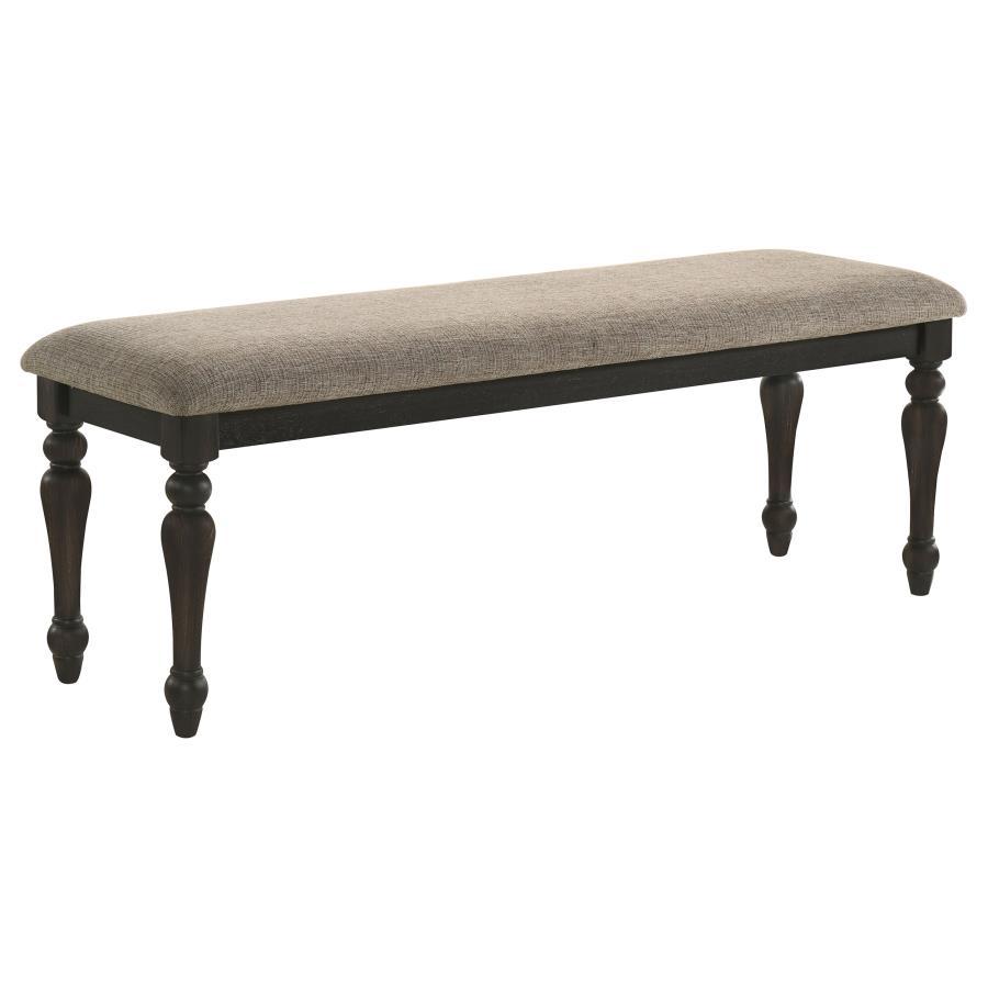 Bridget Fabric Upholstered Dining Bench – Stone and Charcoal Finish, Backless Seating, Turned Legs, Comfortable Foam Cushion, Traditional Elegance