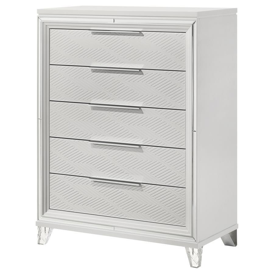 Marmore 5-Drawer Bedroom Chest of Drawers in White – Modern Italian Design with Mirrored Accents, Polished Chrome Hardware & Ample Storage