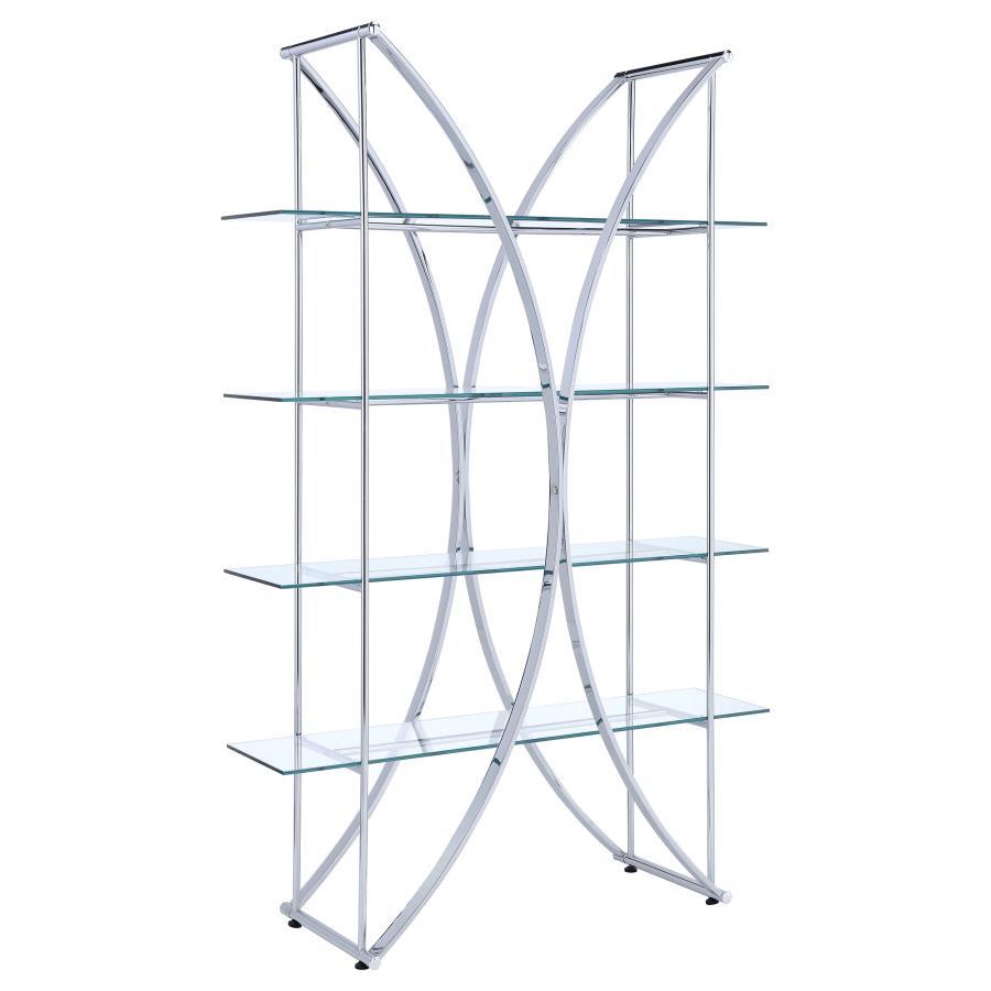 Larson 4-Shelf Glass Bookshelf – Modern Chrome Display Shelf with Tempered Glass, Contemporary Metal Frame, Open Storage for Living Room