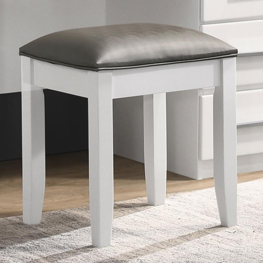 Felicity Upholstered Vanity Stool – Metallic & Glossy White Finish, Tapered Legs, Comfortable Faux Leather Seat, Modern Elegance for Bedroom or Dressing Area