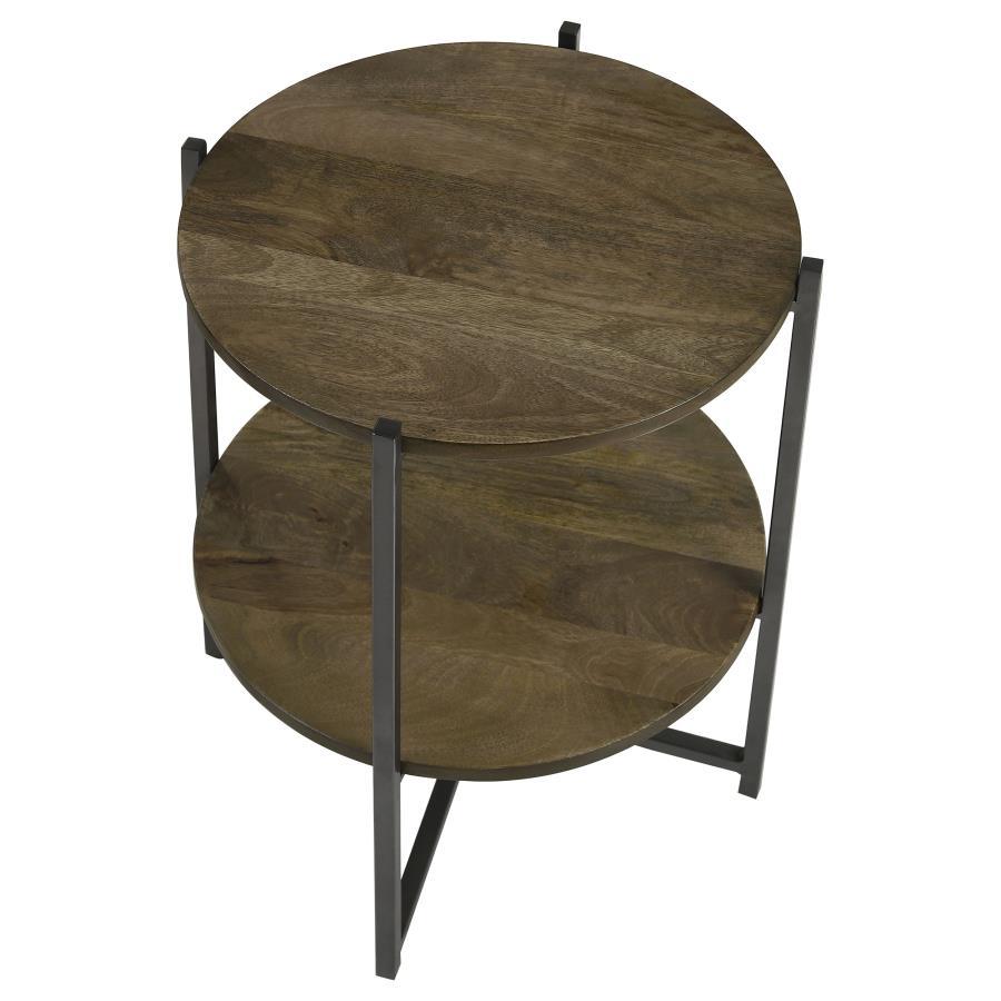 Axel Round Accent Table with Open Shelf – Natural Mango Wood Top, Gunmetal Iron Frame, Two-Tier Side Table, Nightstand or Plant Stand for Modern Interiors