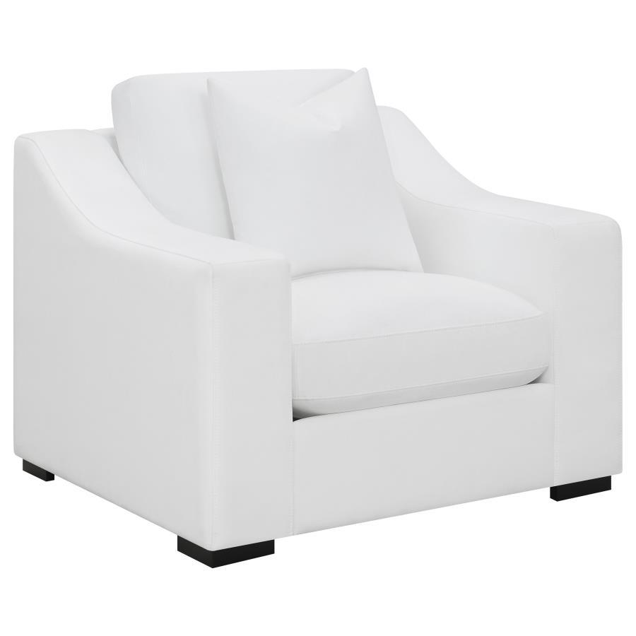 Ashlyn Upholstered Sloped Arm Accent Chair – White Trillium Fabric with Reversible Cushions & Cappuccino Finish Block Legs