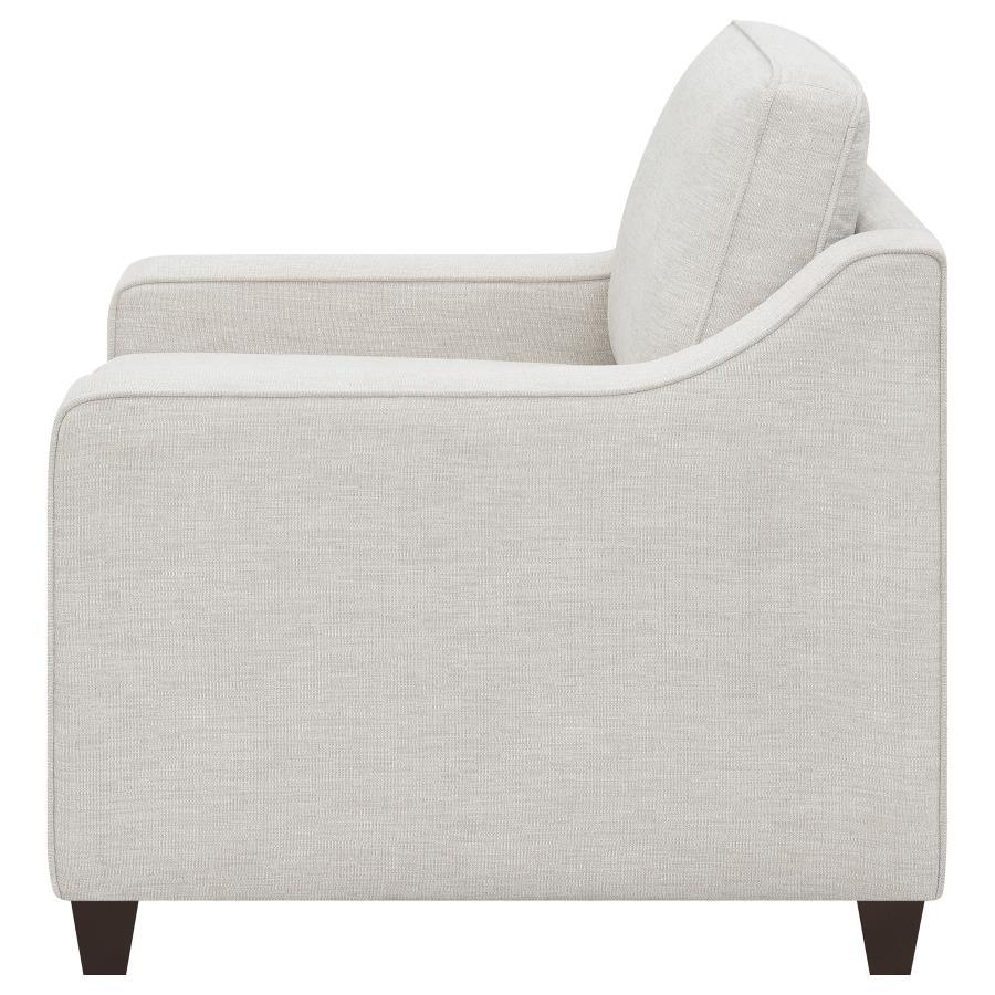 Christine Upholstered Sloped Arm Accent Chair – Beige, Boxed Seat & Back Cushions, Tapered Dark Legs, Woven Chenille, Transitional & Farmhouse Design
