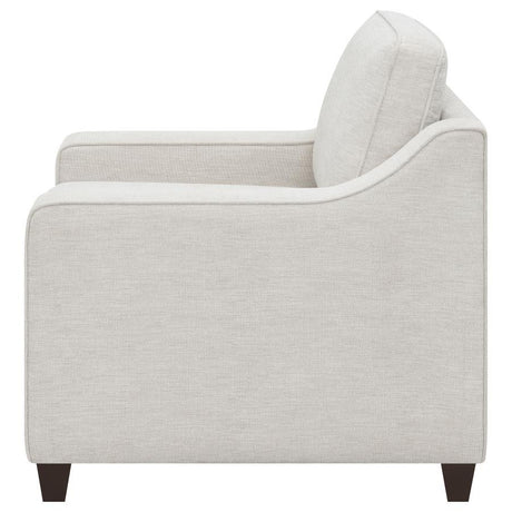 Christine Upholstered Sloped Arm Accent Chair – Beige, Boxed Seat & Back Cushions, Tapered Dark Legs, Woven Chenille, Transitional & Farmhouse Design