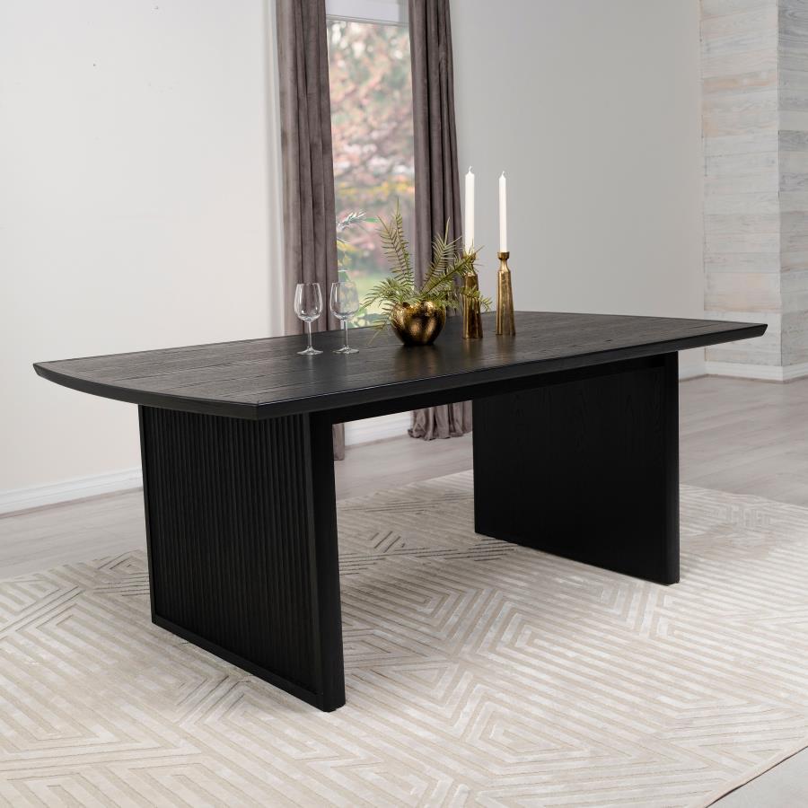 Brookmead Extension Leaf Dining Table – Black Wood Minimalist Design, Sculpted Edge, Wire-Brushed Finish, Straight Wide Legs, Versatile & Sturdy