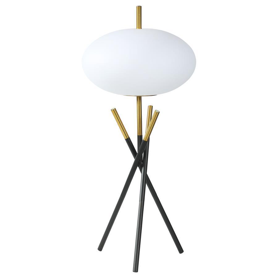 Layton White Orb Shade Tripod Table Lamp in Black – Modern Black and Gold Metal Design with Frosted Globe Shade for Ambient Home Lighting