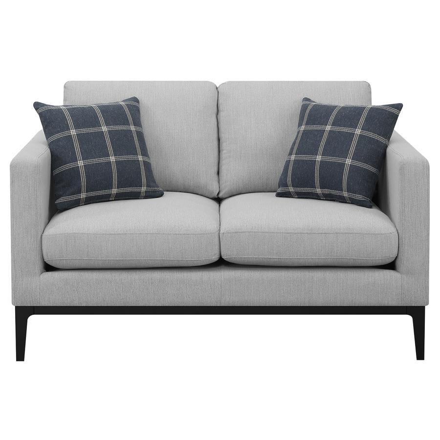 Apperson Upholstered Track Arm Loveseat – Light Gray Casual Comfort with Plaid Accent Pillows – Modern Living Room Furniture