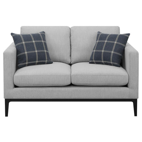 Apperson Upholstered Track Arm Loveseat – Light Gray Casual Comfort with Plaid Accent Pillows – Modern Living Room Furniture