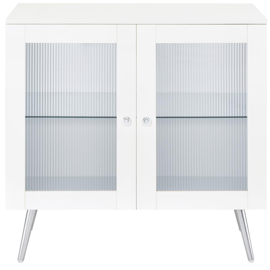 Nieta 2-Door Engineered Wood Accent Cabinet – White High Gloss Storage Cabinet with Tempered Glass Shelf, Chrome Legs, and Acrylic Crystal Knobs