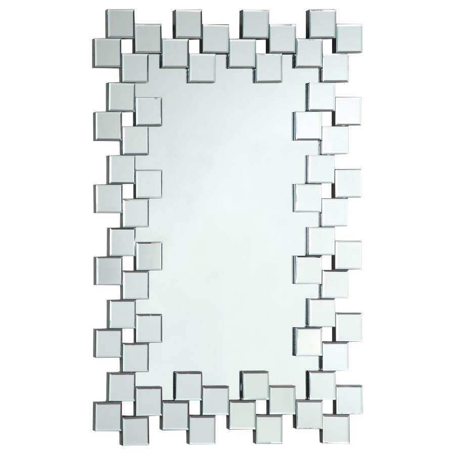 Pamela Rectangular Frameless Wall Mirror Silver – Geometric Mosaic Edge Contemporary Mirror for Entryway, Bedroom, Dressing Room, Modern Home Decor