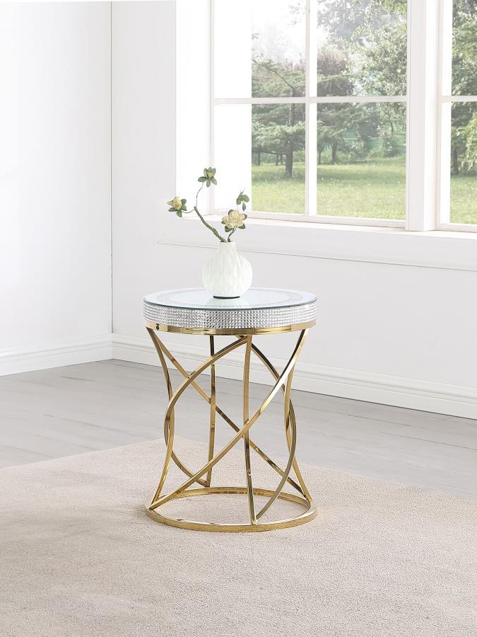 Elise Round Mirror Top Stainless Steel End Table in Gold – Contemporary Jeweled Edge Accent Table with Acrylic Crystals and Sculpted Base