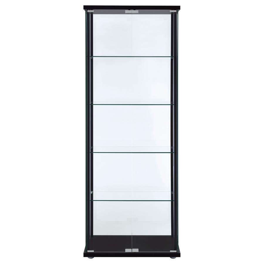 Delphinium 5-Shelf Clear Glass Curio Display Cabinet in Black – Modern Slim Tempered Glass Shelving with Push-to-Open Doors for Elegant Home Display