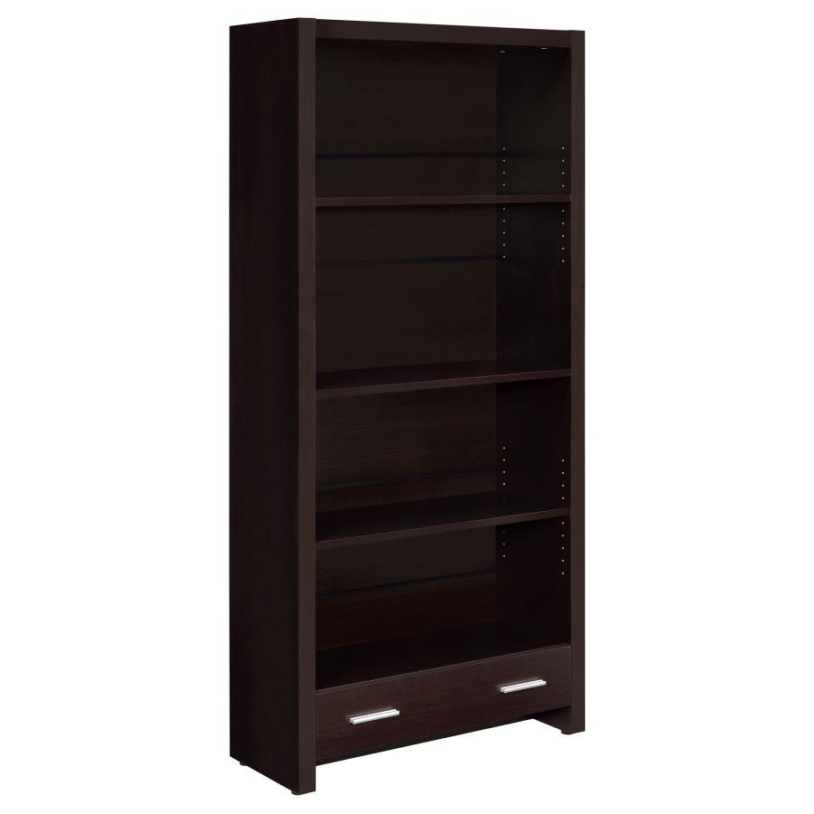 Skylar 5-Shelf Bookcase with Drawer in Cappuccino Finish, Engineered Wood Construction, Adjustable Shelves, Office and Living Room Storage Organizer