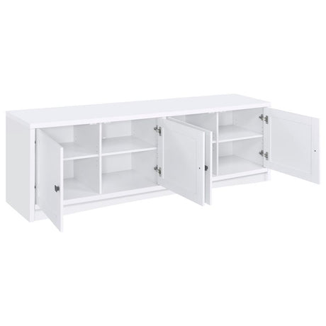 Laughlin 4-Door Engineered Wood TV Stand – White Finish, Modern Entertainment Console, Adjustable Shelves, Cord Management, Media Storage for 85" TVs
