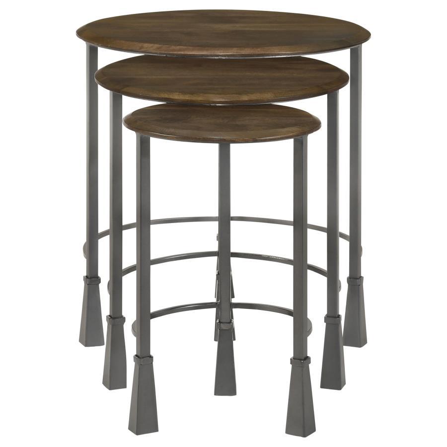 Deja 3-Piece Round Nesting Table Set – Natural Mango Wood and Gunmetal Iron Industrial Accent Tables for Living Room, Bedroom, or Loft Spaces