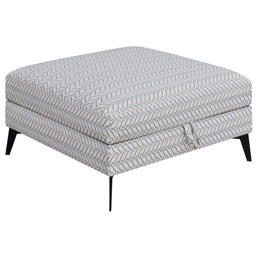 Clint Square Upholstered Tufted Storage Ottoman, Aloe Fabric, Geometric Design, Lift-Top Storage, Black Metal Legs, Modern Living Room Footrest