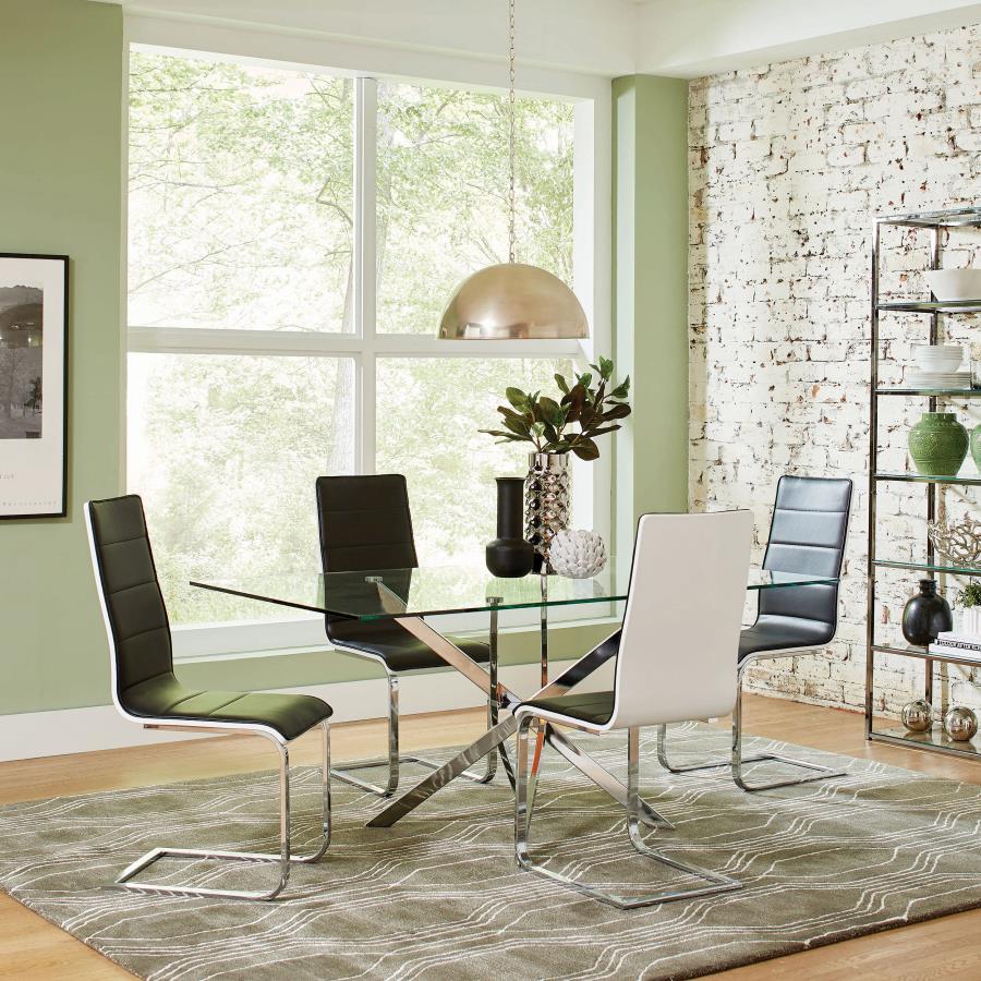 Carmelo Rectangular Glass Top Dining Table – Modern Sculptural Chrome Base with Tempered Glass Surface for Contemporary Kitchens & Dining Rooms