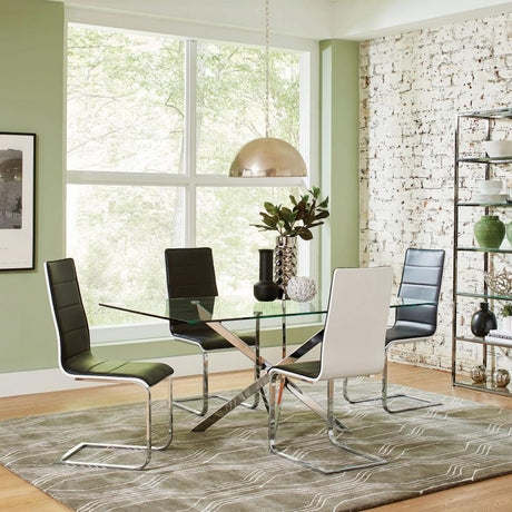 Carmelo Rectangular Glass Top Dining Table – Modern Sculptural Chrome Base with Tempered Glass Surface for Contemporary Kitchens & Dining Rooms