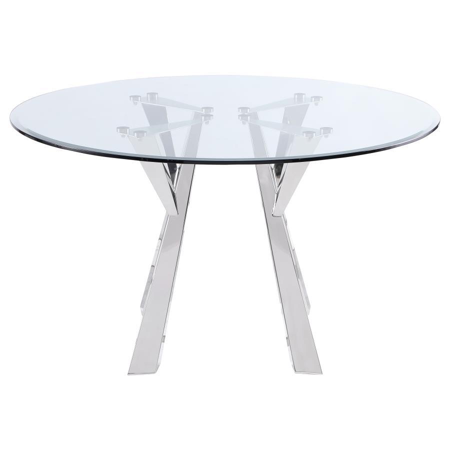 Alaia Round Clear Glass Top Dining Table – Glamorous Chrome Geometric Base, Beveled Edge Glass Surface & Stylish Modern Dining Centerpiece