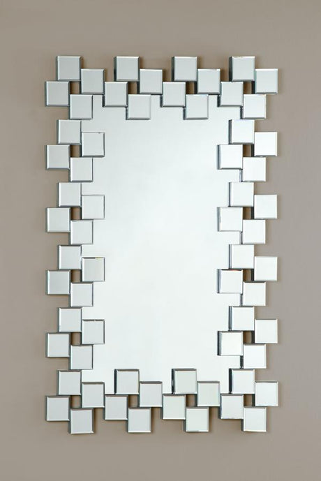 Pamela Rectangular Frameless Wall Mirror Silver – Geometric Mosaic Edge Contemporary Mirror for Entryway, Bedroom, Dressing Room, Modern Home Decor