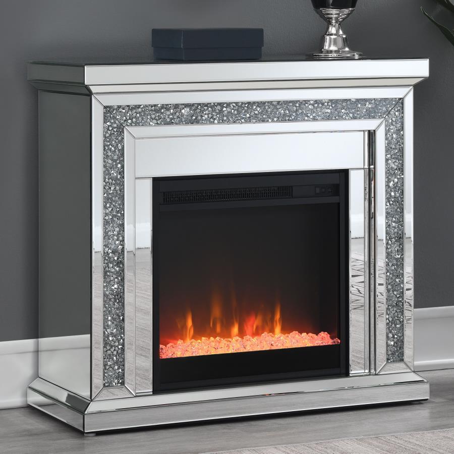 Lorelai Mirrored Freestanding Electric Fireplace – Silver with Crushed Crystal Accents, Glam Beveled Design, Heats up to 400 sq ft, Freestanding Mantel