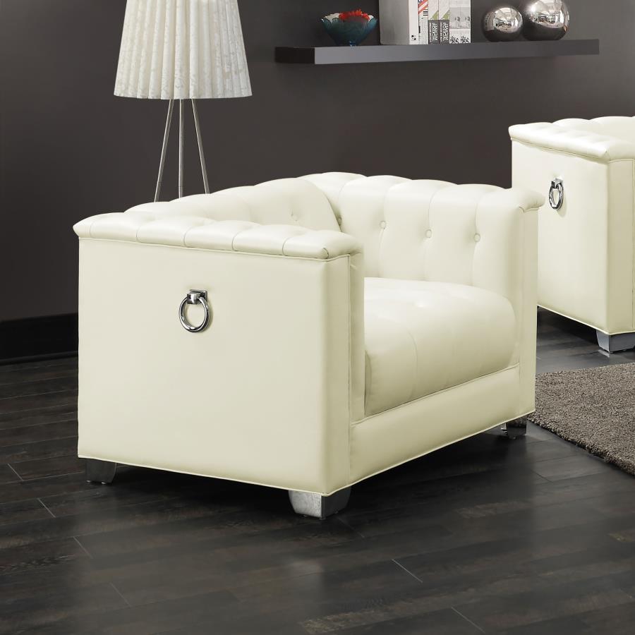 Chaviano Upholstered Track Arm Accent Chair in Pearl White – Modern Tuxedo Silhouette with Deep Button Tufting, Chrome Legs & Decorative Doorknockers