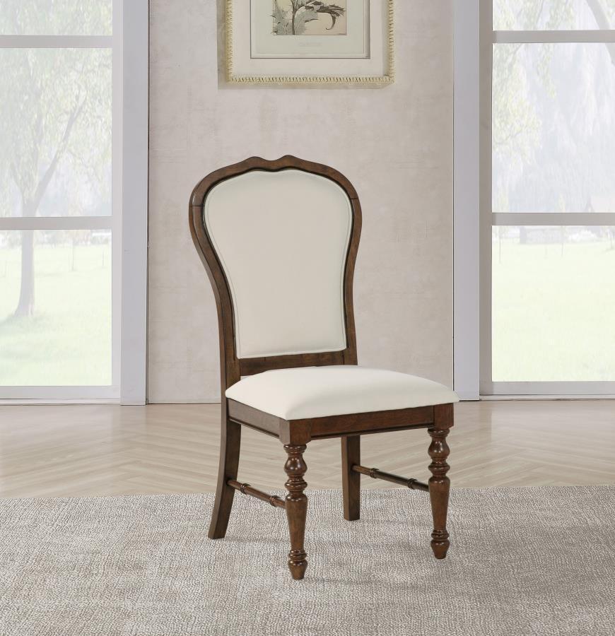 Landon Upholstered Dining Side Chair Set of 2 – Rich Brown Asian Hardwood Frame, Ivory Cushioned Seats, Traditional Turned Legs, Elegant Dining Accent