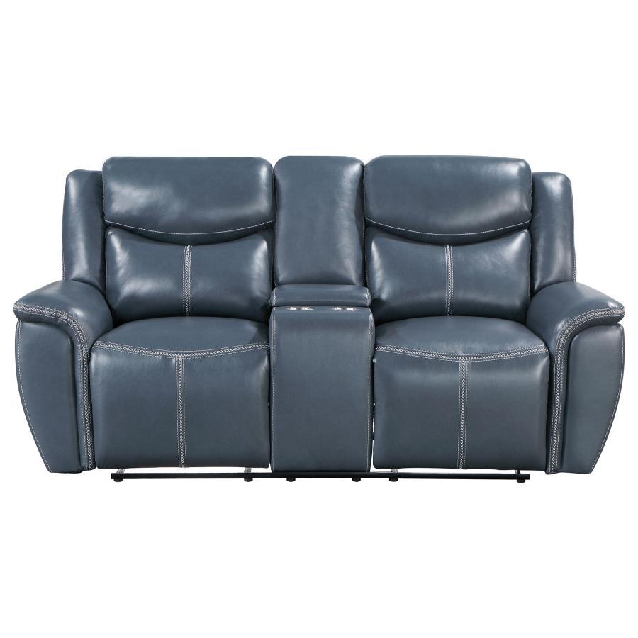 Sloane Upholstered Padded Arm Reclining Loveseat – Blue Faux Leather, Dual Recliners, Plush Foam Cushions, Modern Living Room Comfort