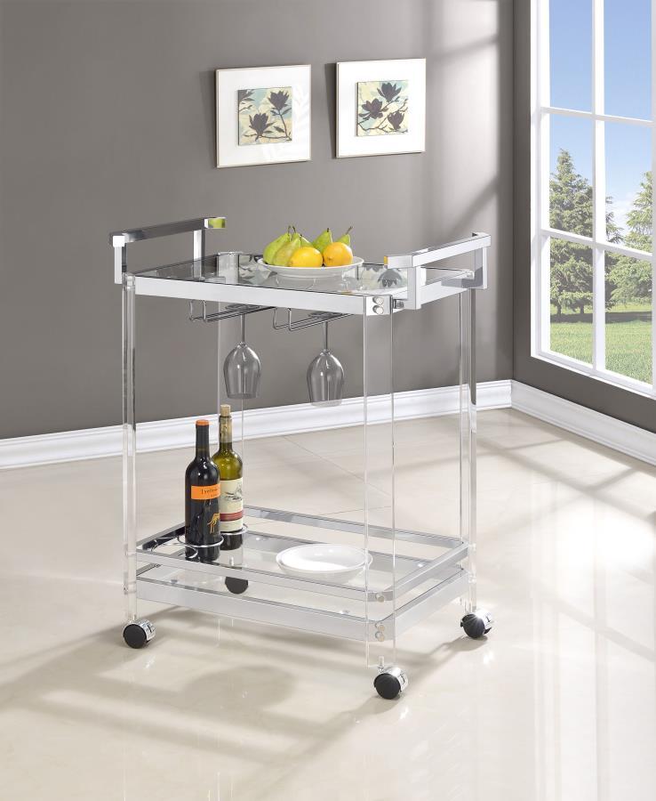 Jefferson 2-Tier Glass Shelf Acrylic Bar Cart – Chrome Finish with Wine Bottle Holder, Stemware Rack & Wheels for Modern Entertaining
