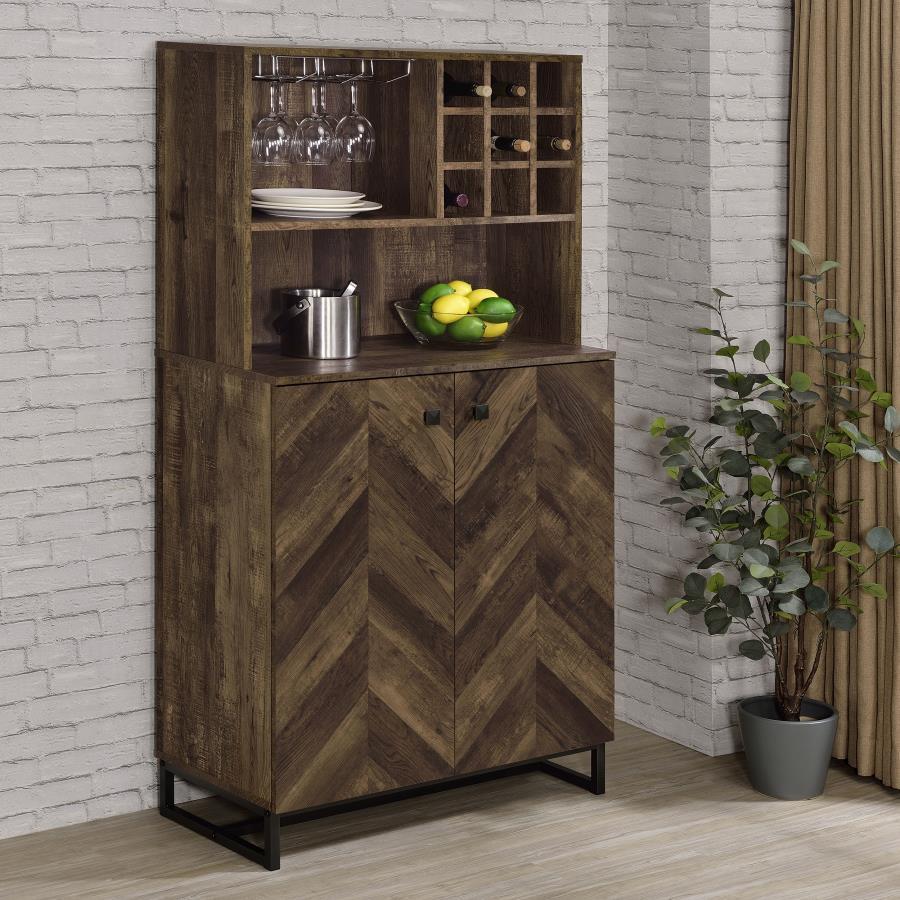 Mendoza 2-Door Home Bar Cabinet Wine Storage - Rustic Oak Finish, Herringbone Design, Stemware & Bottle Storage, Modern Transitional Home Bar
