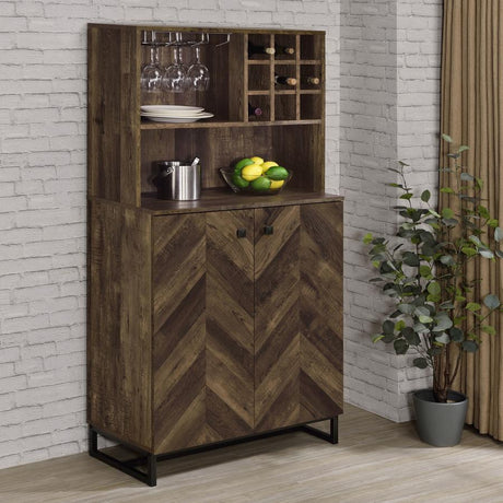 Mendoza 2-Door Home Bar Cabinet Wine Storage - Rustic Oak Finish, Herringbone Design, Stemware & Bottle Storage, Modern Transitional Home Bar