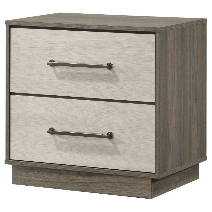 Fenwick 2-Drawer Nightstand Bedside Table in Gray Oak with Two-Tone Finish, Floating Base Design, Metal Extension Glides, and Antique Nickel Handles