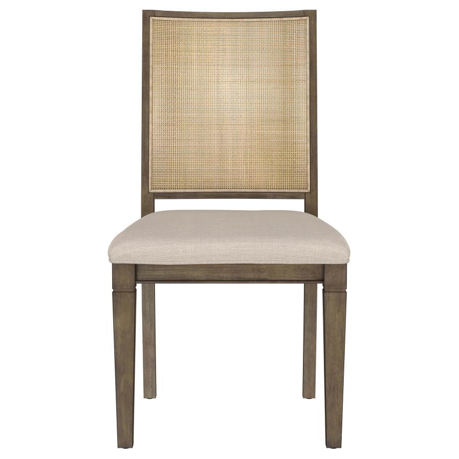 Matisse Woven Rattan Back Dining Side Chair – Dark Brown Wood Frame, Beige Upholstered Foam Seat, Armless, Tapered Legs, Modern Farmhouse Style