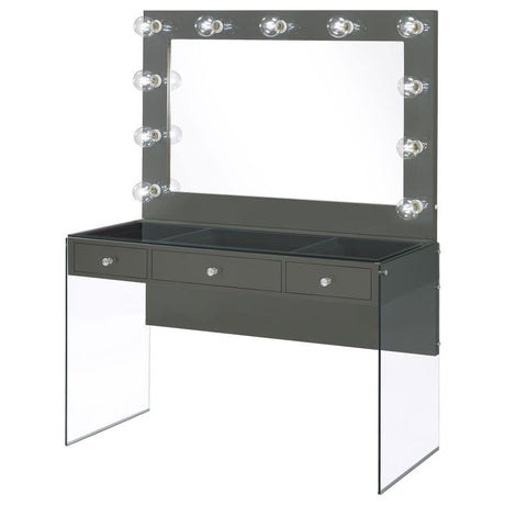 Afshan 3-Drawer Vanity Set With Lighting – Gray High Gloss, Modern Floating Makeup Desk, Tempered Glass Accents, Retro Globe Bulb Mirror