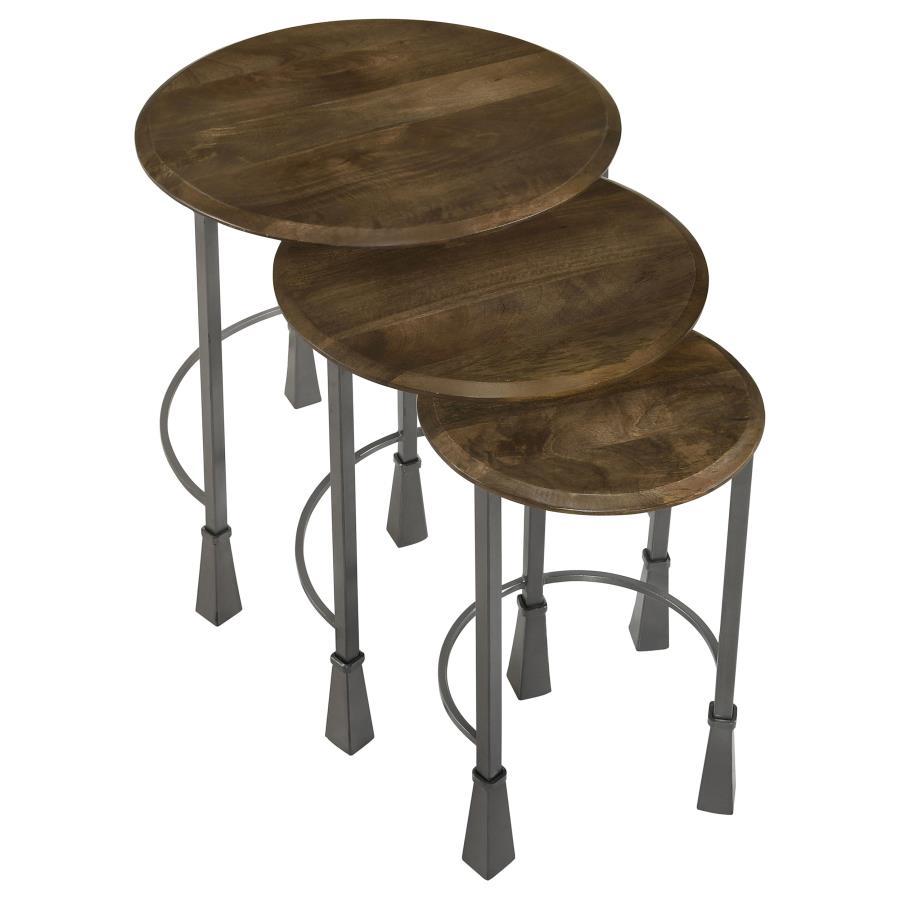 Deja 3-Piece Round Nesting Table Set – Natural Mango Wood and Gunmetal Iron Industrial Accent Tables for Living Room, Bedroom, or Loft Spaces