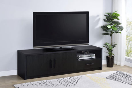 Murray 70" 2-Door TV Stand Media Console in Black with Scratch-Resistant Laminate, Open Cubby, Drawer Storage, and Sleek Modern Design