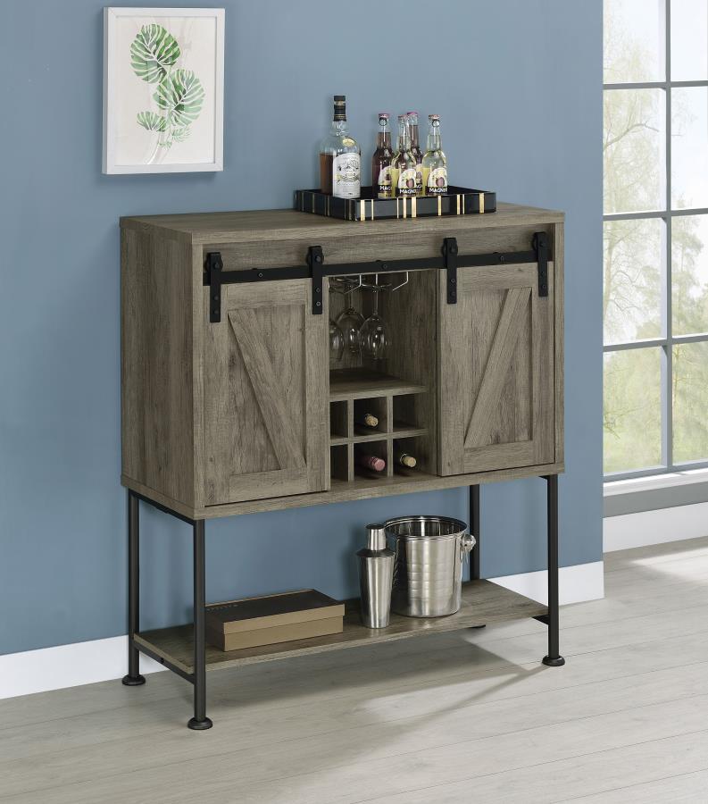 Claremont Sliding Door Home Bar Wine Cabinet – Gray Driftwood Finish with Stemware Rack, Adjustable Shelves, Wine Storage, and Rustic Farmhouse Charm