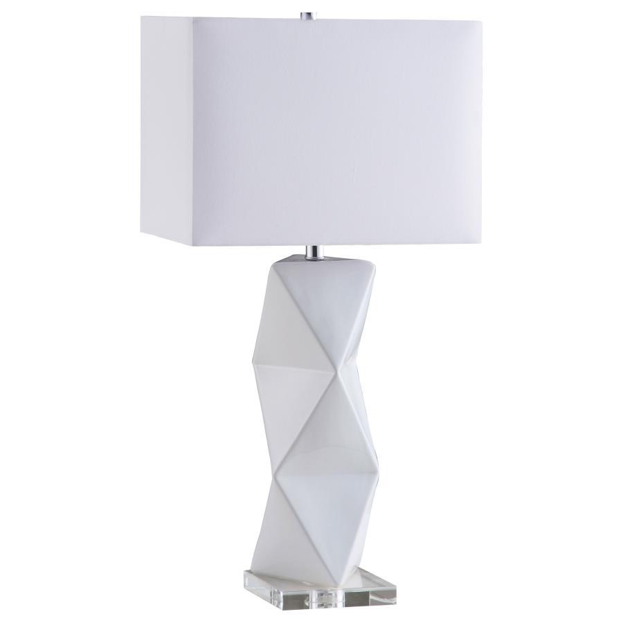 Camie Rectangular Shade Geometric Table Lamp – White Ceramic Base with Crystal Accent and Fabric Shade for Modern Living Room or Bedroom
