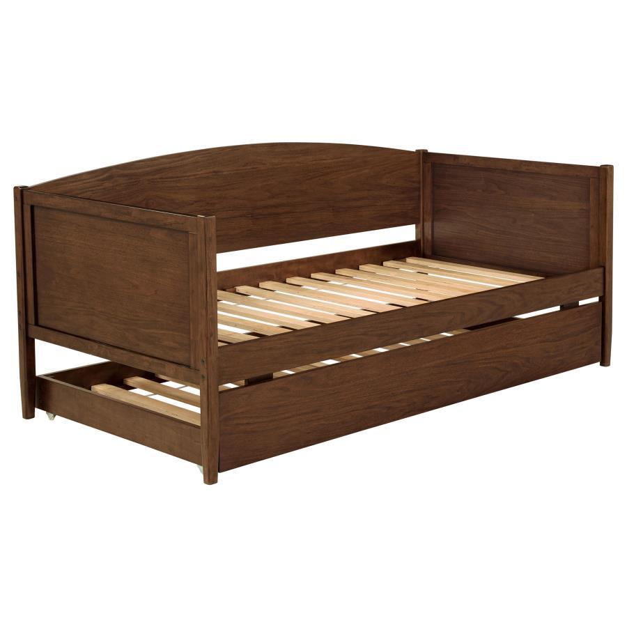 Bozeman Wood Twin Daybed With Trundle – Medium Walnut Finish, Camelback Silhouette, Square Tapered Legs, Durable Hardwood and MDF Construction