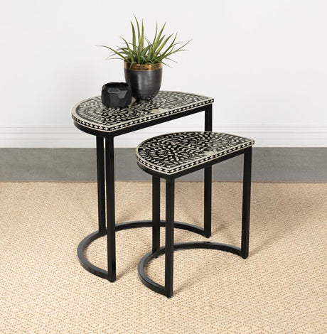 Zakiya 2-Piece Demilune Nesting Table Set in Black & White – Semi-Circle Accent Tables with Bone Inlay, Iron Base, Stylish Living Room Décor