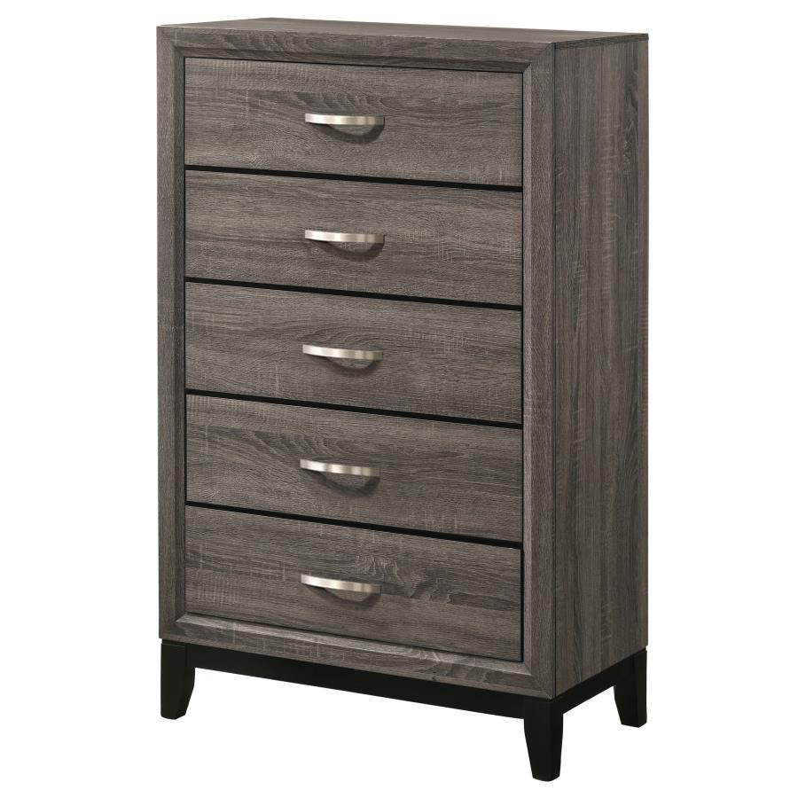 Watson 5-Drawer Bedroom Chest in Gray Oak – Mid-Century Modern Storage with Tapered Legs, Metallic Half-Moon Pulls, and Stylish Wooden Drawers