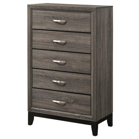 Watson 5-Drawer Bedroom Chest in Gray Oak – Mid-Century Modern Storage with Tapered Legs, Metallic Half-Moon Pulls, and Stylish Wooden Drawers