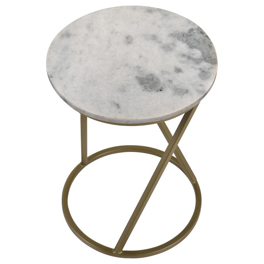 Malthe Round Marble Top Accent Side Table – White Solid Marble with Antique Gold Metal Base, Compact Nightstand or Side Table for Living Room
