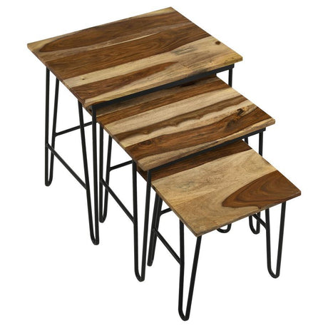 Nayeli 3-Piece Solid Sheesham Wood Nesting Tables – Natural Wood Tops with Black Iron Hairpin Legs, Rustic Industrial Accent Tables for Living Rooms
