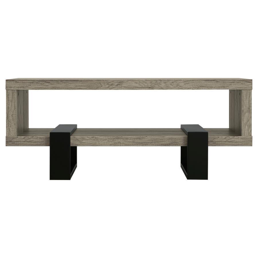 Dinard Engineered Wood Coffee Table in Gray Driftwood – Rectangular Rustic Modern Design with Geometric Black Legs and Lower Storage Shelf