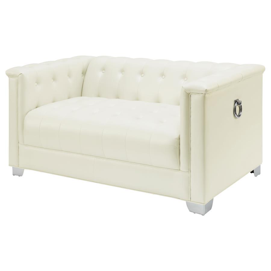 Chaviano Pearl White Upholstered Track Arm Loveseat with Chrome Accents, Deep Tufted Leatherette, Modern Glam Living Room Sofa, Stylish Compact Seating