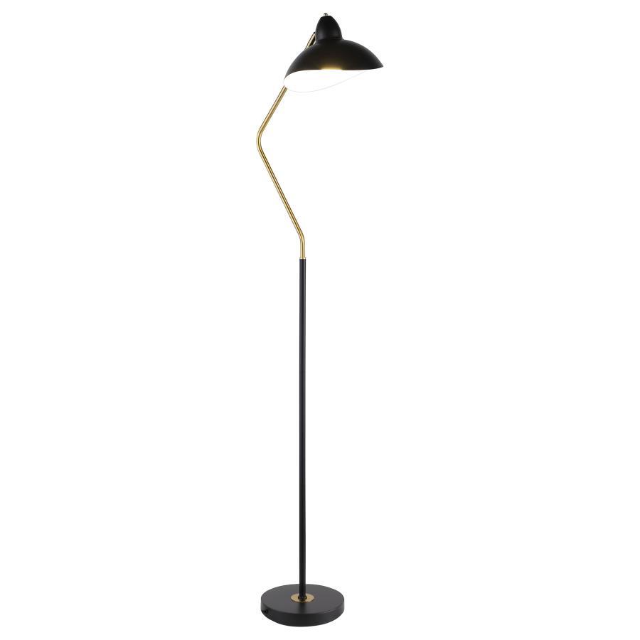 Lucien Dome Shade Black Metal Task Floor Lamp with Adjustable Arm, Mid-Century Modern Design, Gold Accents, Downlight for Reading or Work