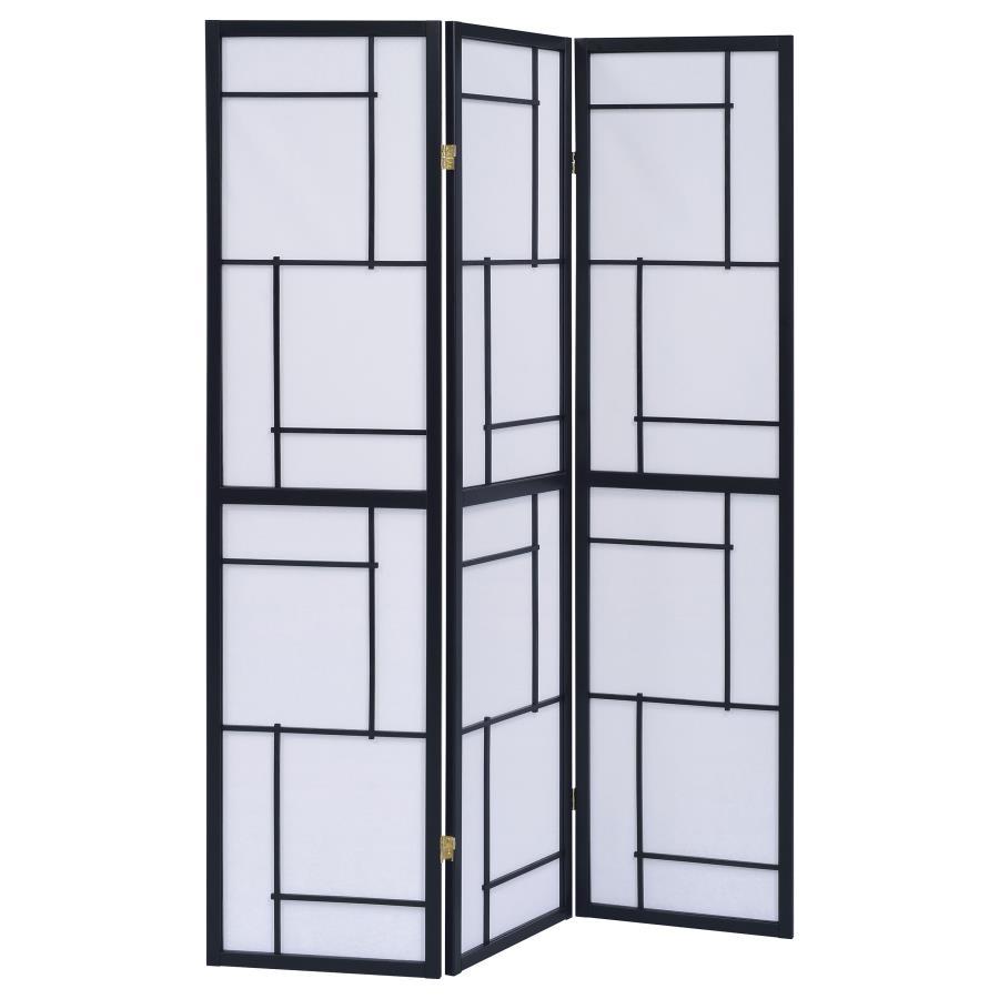 Damis 3-Panel Folding Shoji Screen Room Divider – Black Frame, Geometric Pattern, Adjustable Panels for Privacy, Modern Mid-Century Style